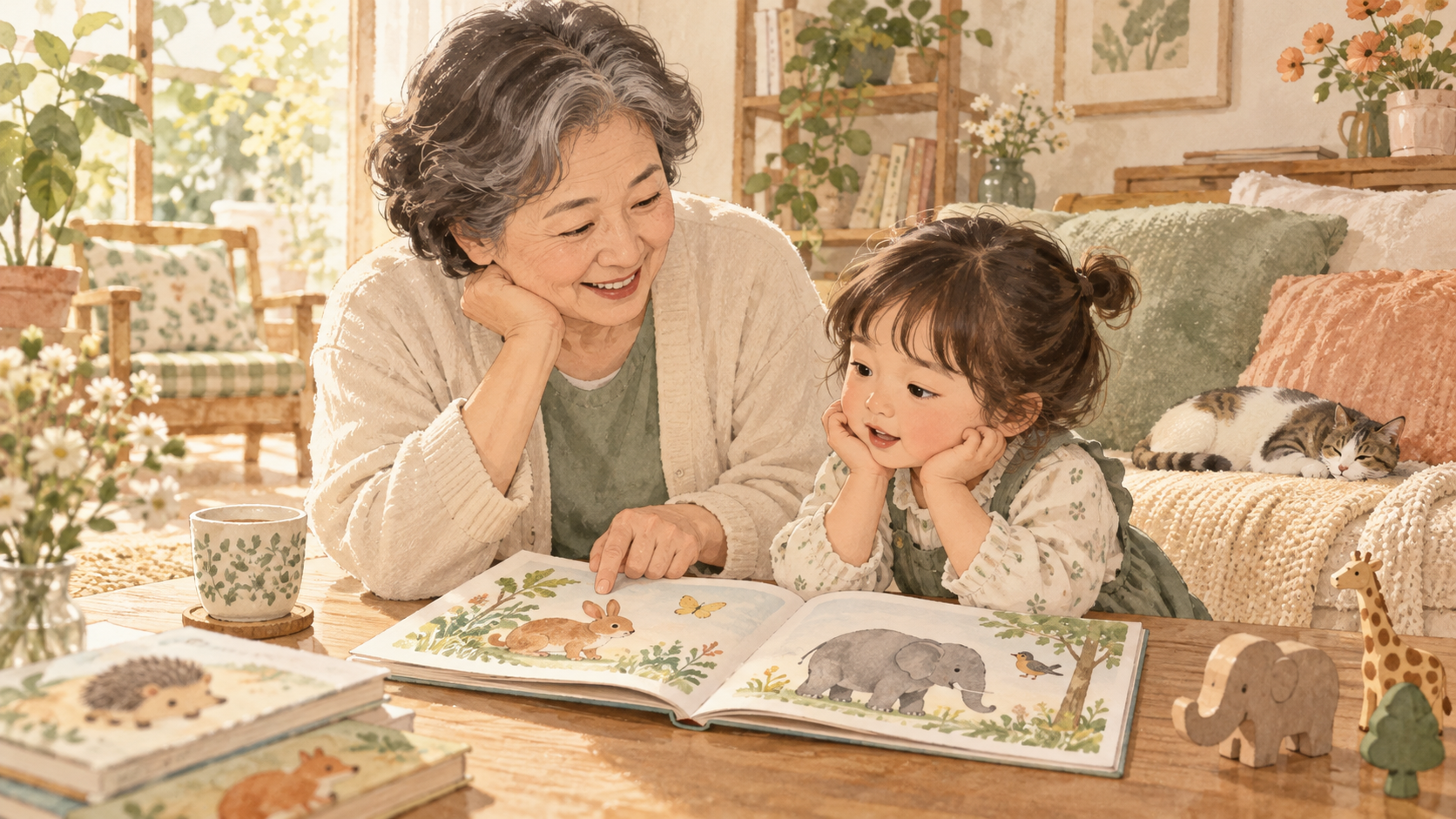 할머니와 아이가 함께 그림책을 보는 AI 일러스트