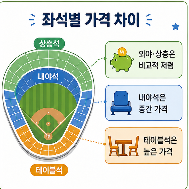 상층석과 내야석, 테이블석 등 좌석별 가격 차이를 보여주는 야구장 좌석도 이미지