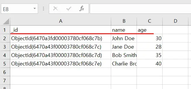 몽고db csv 추출 시 필드 확인