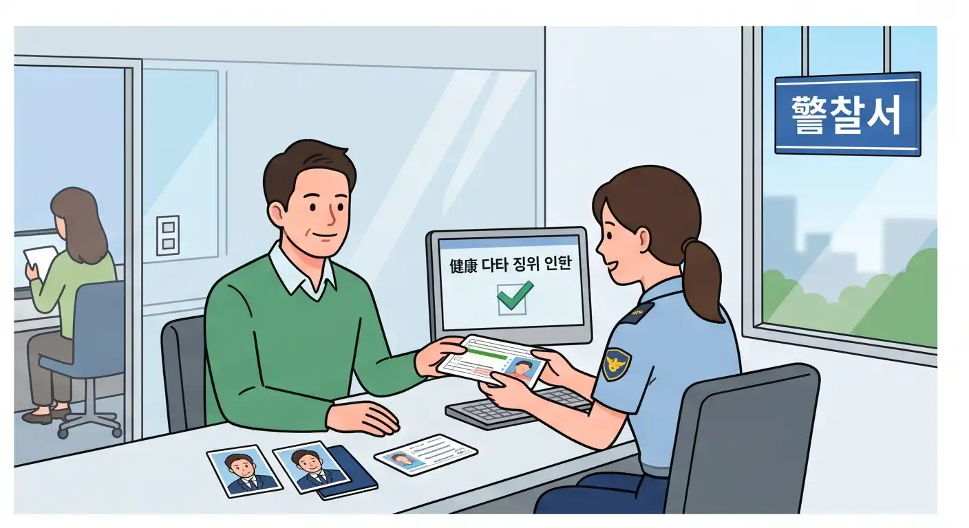 경찰서 민원실에서 국민건강보험공단 검진 자료 연계 확인 모니터와 함께 신분증 및 증명사진을 제출하며 면허를 갱신하는 남성 일러스트