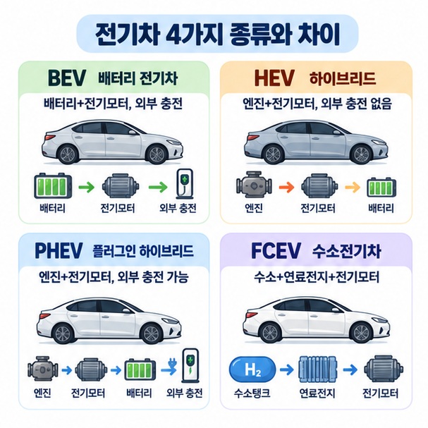 BEV HEV PHEV FCEV의 엔진 사용 여부와 외부 충전 방식을 비교한 이미지