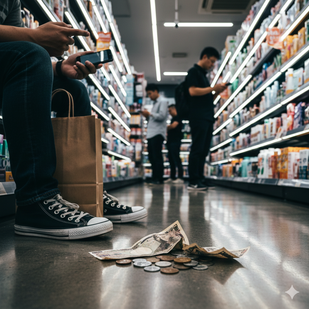 일본의 드럭스토어 내부 복도 중앙 바닥에 엔화 지폐 한 장과 다양한 동전들이 흩어져 있는 모습이에요. 가까이에는 진한 청바지를 입고 검은색 운동화를 신은 사람이 갈색 종이 쇼핑백 옆에 앉아 휴대전화를 들여다보고 있으며, 배경에는 길게 늘어선 상품 진열대와 그 사이를 걷거나 휴대전화를 보고 있는 다른 손님들이 흐릿하게 보여요.