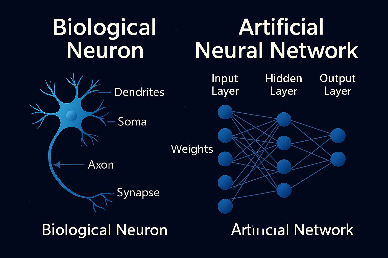 생물학적 뉴런과 인공 뉴런 구조 비교 다이어그램, 뇌 과학과 인공지능의 신경망 유사성