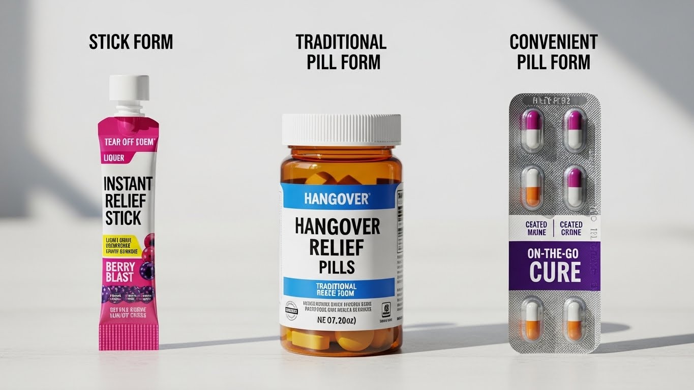 스틱형 젤리, 전통적인 환, 간편한 알약 제형의 숙취해소제 모음