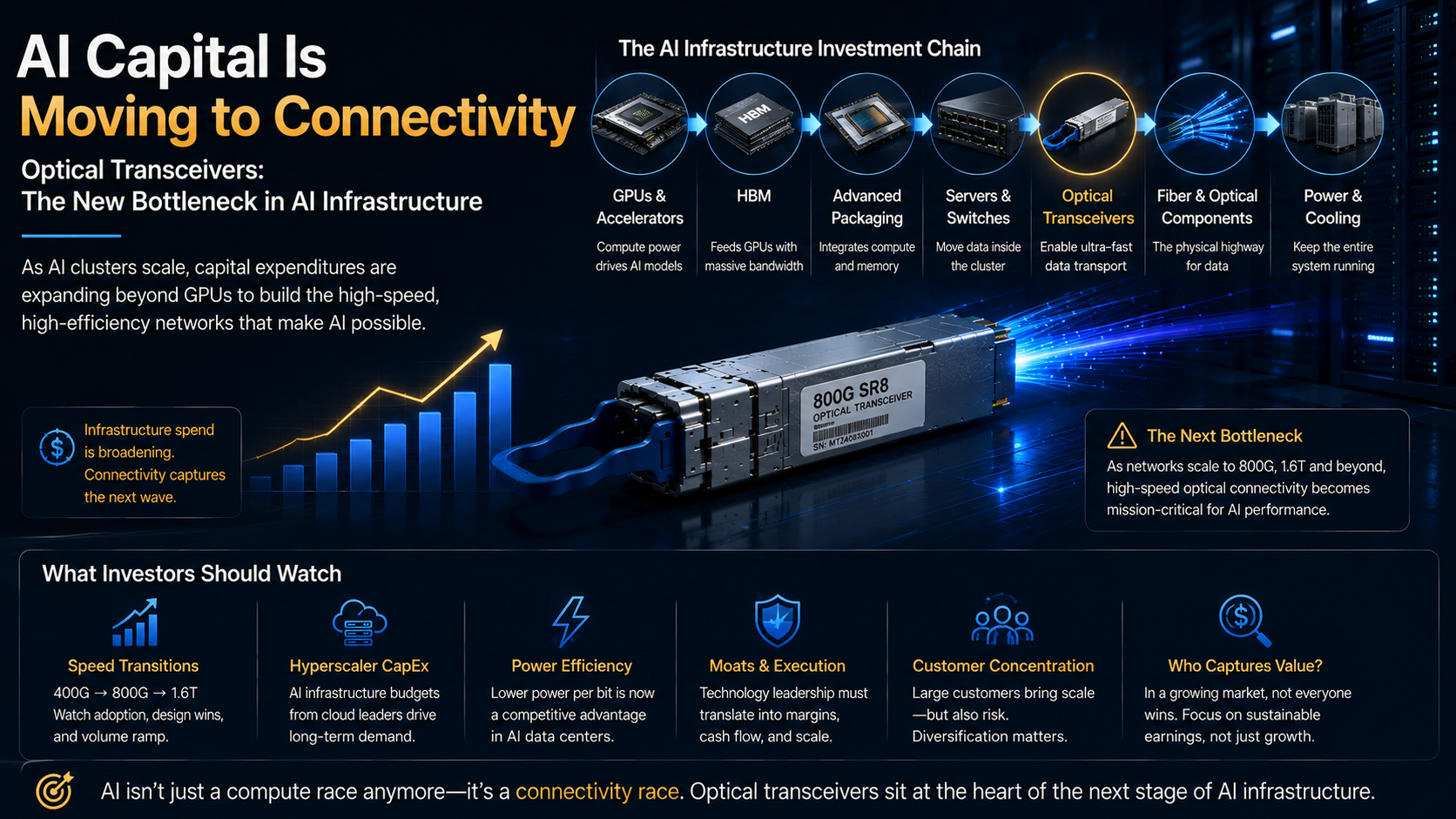AI infrastructure capital shifting from GPUs and HBM toward optical transceivers, networking, fiber, power and cooling