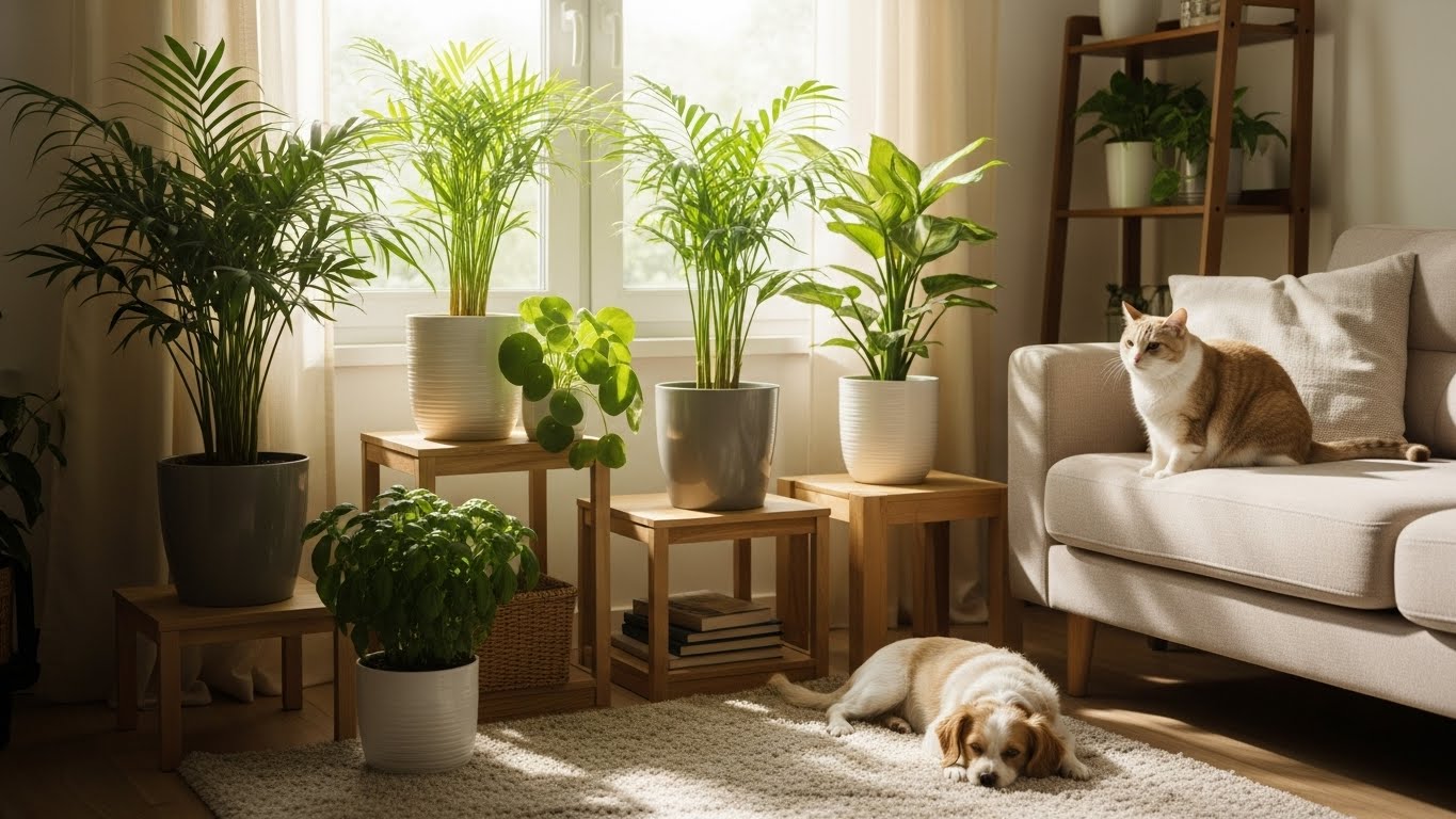 반려묘와 반려견이 함께 있는 따뜻한 거실 공간과 실내 식물 인테리어. 창가 햇빛 아래 배치된 아레카야자와 파키라, 테이블야자, 필레아 등의 안전한 반려동물 친화 식물들이 조화를 이루며 평화로운 분위기를 만들고 있는 장면.