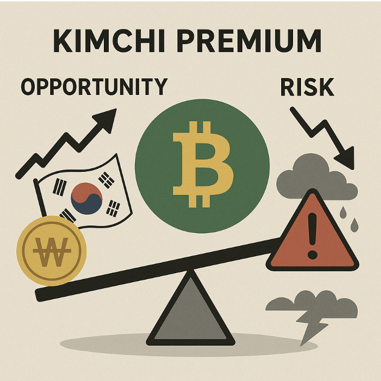 코인시장 김치프리미엄 기회와 리스크를 연상할 수 있는 이미지