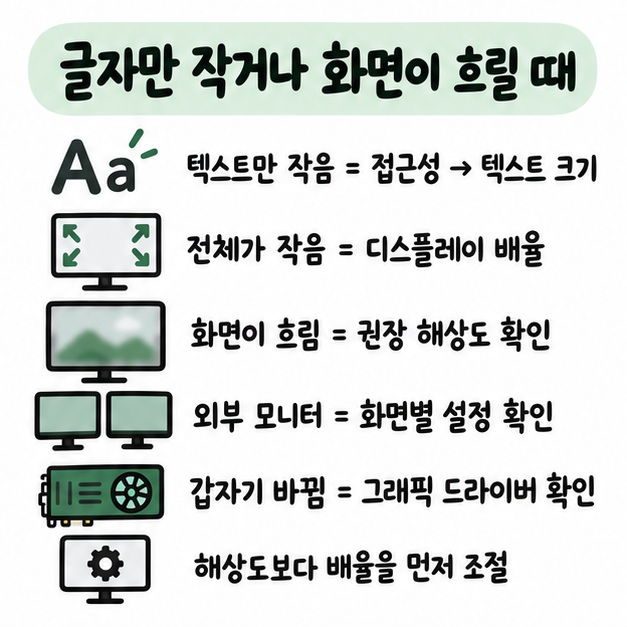 글자만 키울 때 텍스트 크기를 조절하고 화면이 흐리면 권장 해상도와 그래픽 드라이버를 확인하는 카드