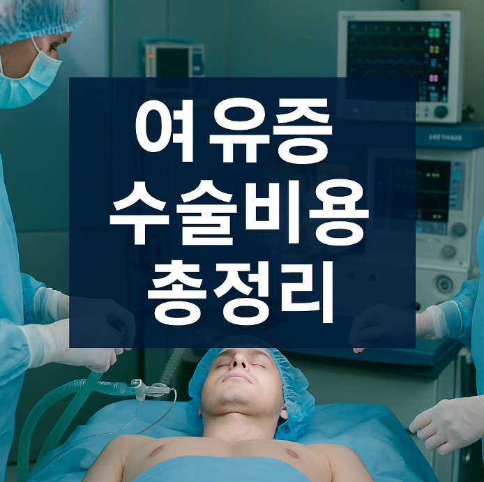남성이 수술대에 누워있는 이미지와 여유증 수술비용 총정리 텍스트