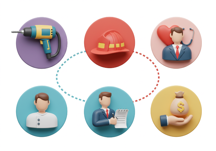 전기, 소방, 사회복지, 사무관리, 보건의료 등 중장년 경력지원제 대상 직무 분야를 나타내는 3D 아이콘들