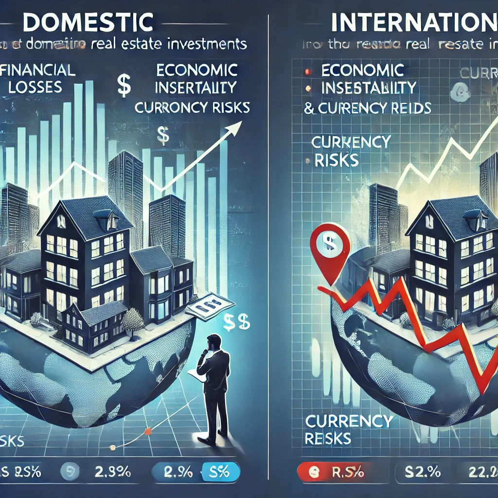 국내 vs 해외 부동산 투자 리스크: 경제 불안정성과 환율 리스크를 비교하며 고민하는 투자자.