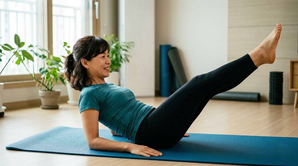요가 매트 위에서 다리를 곧게 펴고 들어 올리는 운동을 하는 한국인 여성