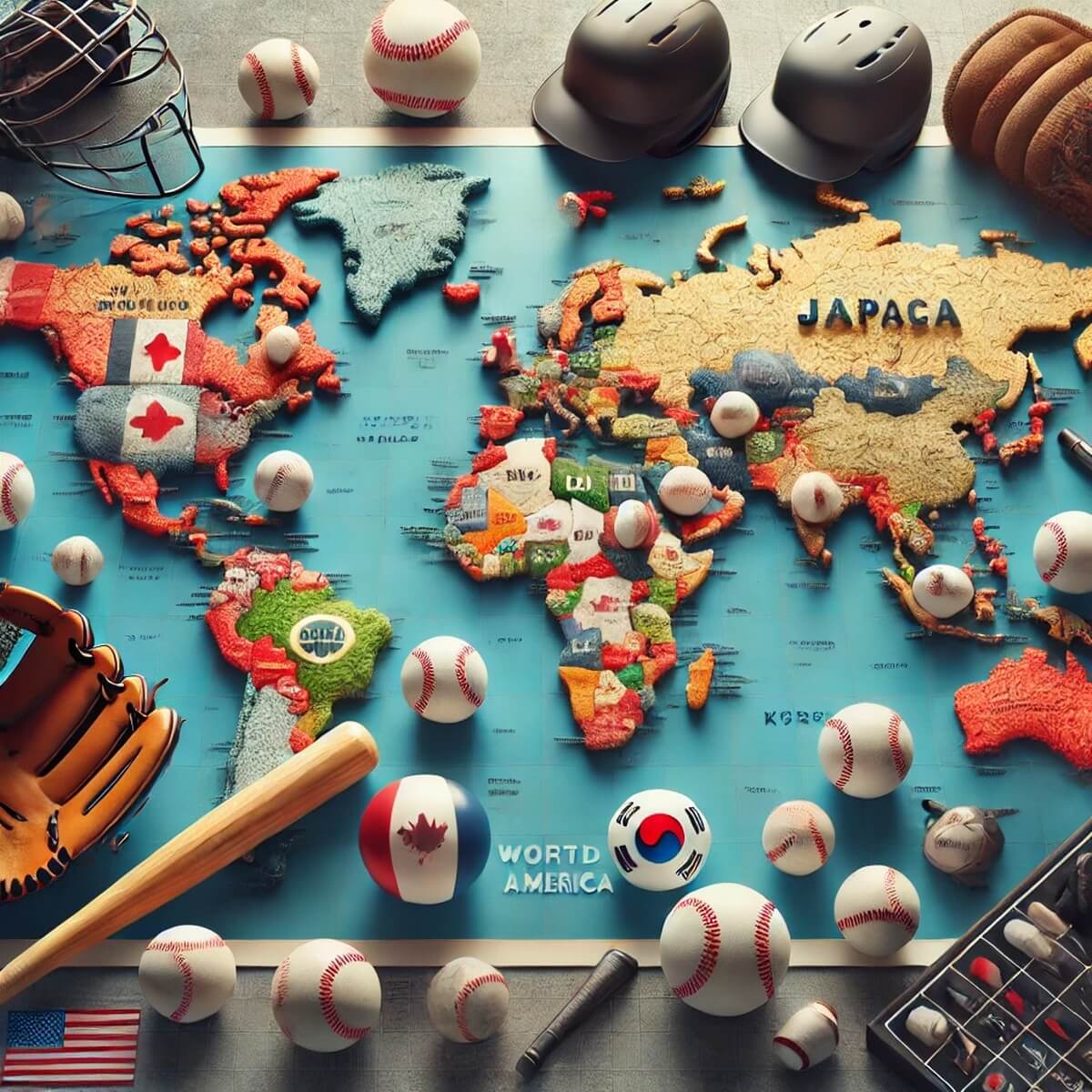 세계지도 위에 야구 장비가 펼쳐진 장면