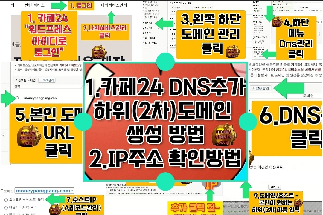 카페24-워드프레스-애드센스 승인 후-하위(2차)도메인 추가 생성 방법과 IP주소 찾기-하위(2차)도메인 정보