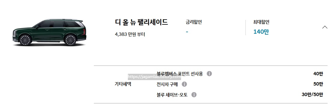 26년 1월 디 올 뉴 팰리세이드 블루멤버스 포인트 선사용, 전시차 구매, 블루 세이브오토 구매 혜택