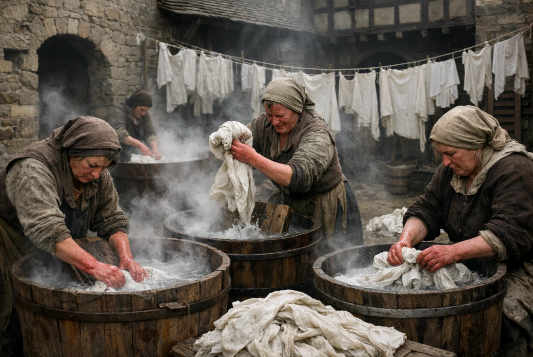중세 마을에서 뜨거운 물로 빨래를 하는 여성들의 공동 세탁 장면