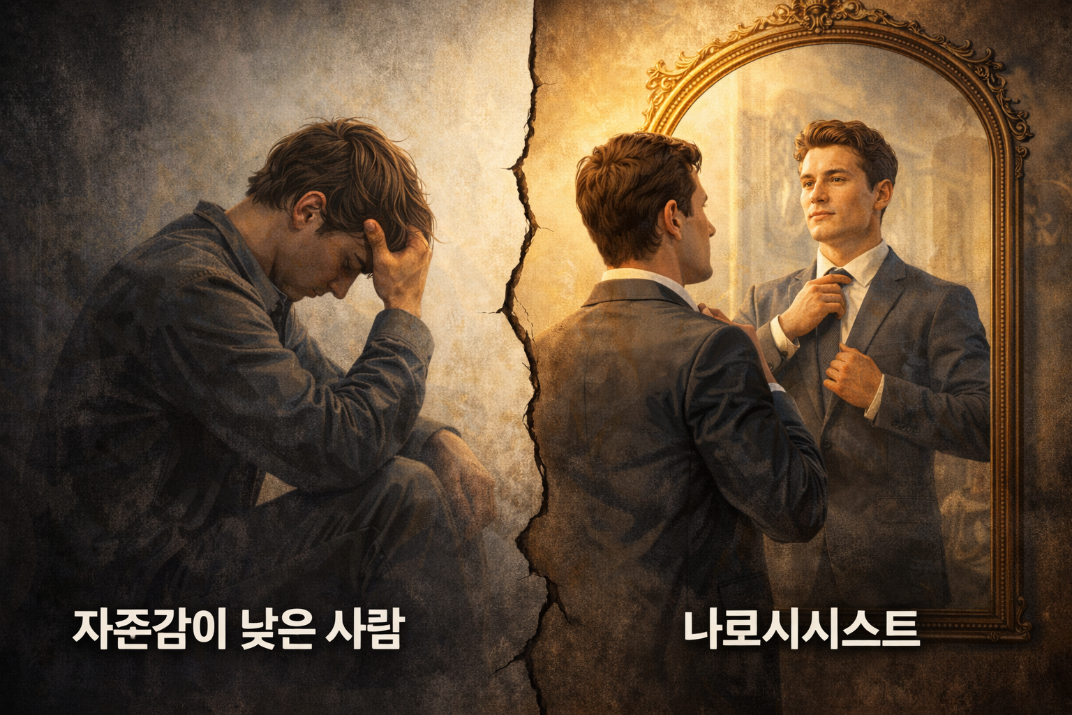 자존감이 낮은 사람과 나르시시스트의 대비를 상징적으로 표현한 이미지