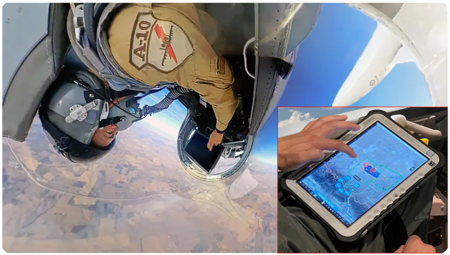 L-39 제트기의 후방석 조종사가 드론 역할을 수행하는 L-29에 명령을 입력하고 있는 모습과 드론 제어를 위한 테블릿