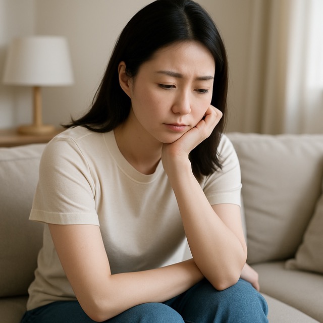 임신 했을까봐 걱정스러운 표정으로 고민하는 여성(출처: 자체제작)