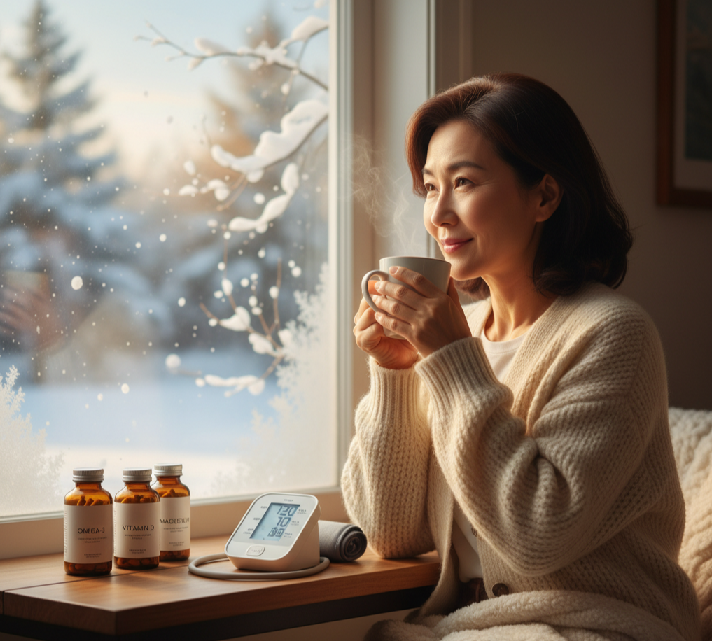 겨울철 창가에서 따뜻한 차를 마시며 혈압 관리와 영양제를 챙기는 중년 여성