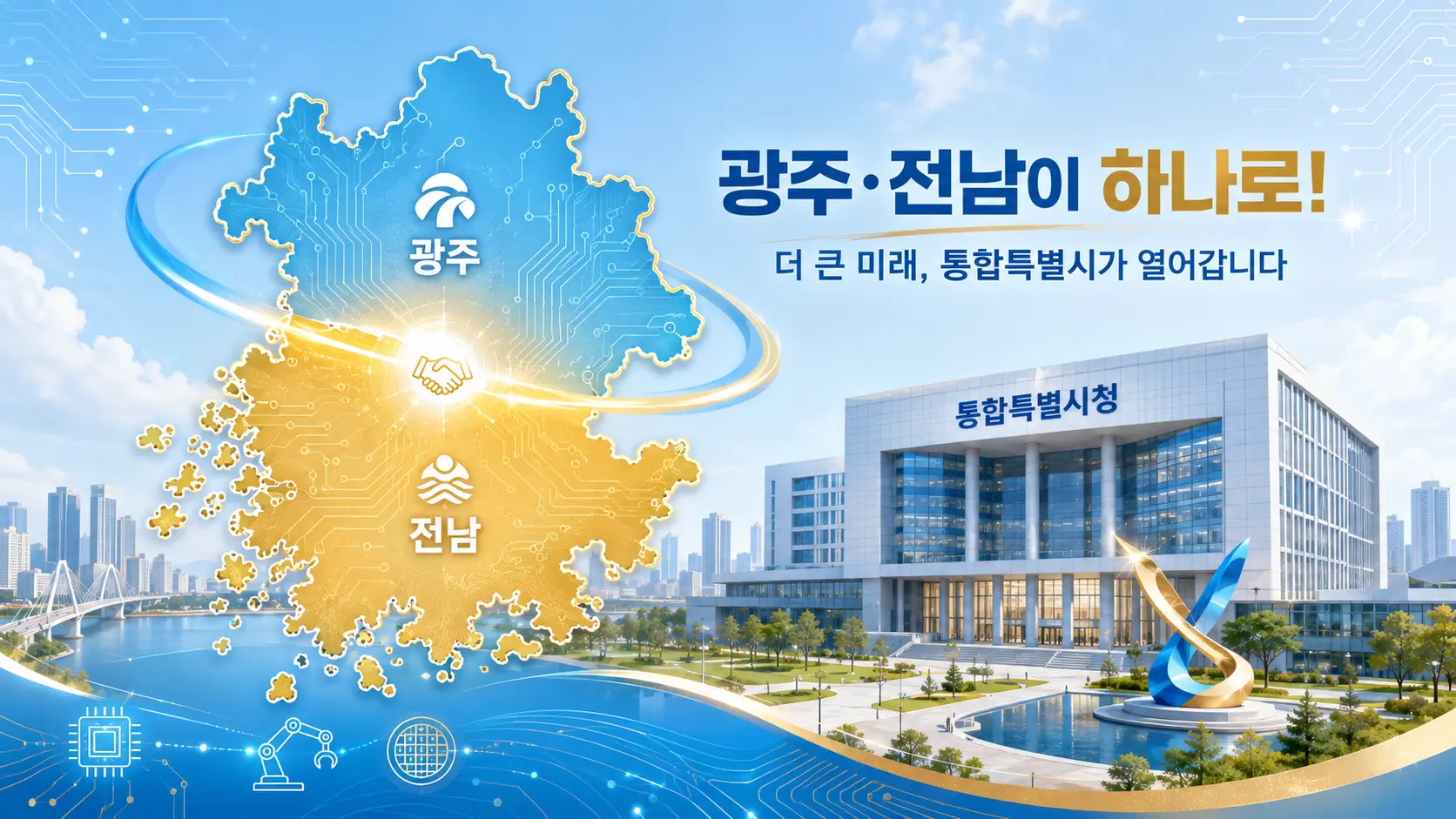 통합특별시청 새 간판 설치 현장, 아침 햇살, 다큐멘터리 사진 스타일