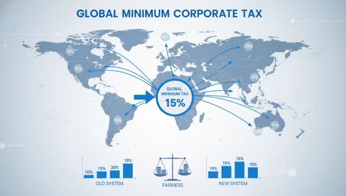 OECD BEPS 2.0 필라2 글로벌 최저한세 개념을 시각적으로 설명하는 인포그래픽. 전 세계적으로 통일되는 법인세의 흐름을 나타냅니다.