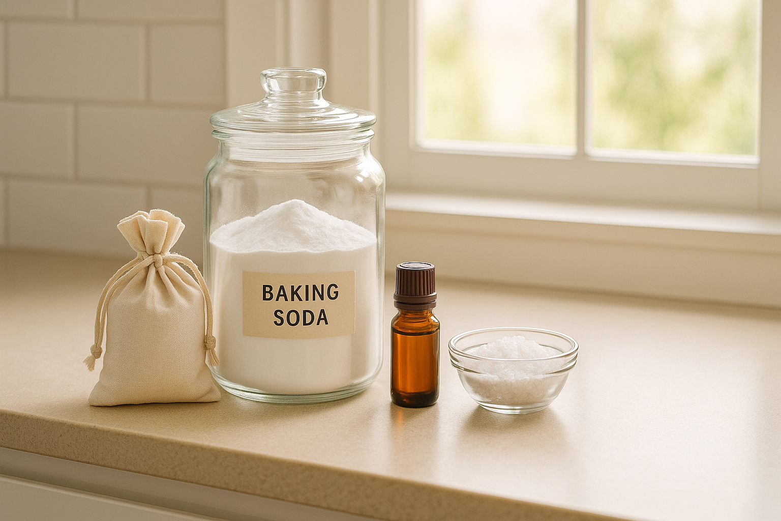 깔끔한 주방 카운터 위에 투명한 유리병과 작은 천 주머니에 담긴 하얀 베이킹소다, 라벤더 에센셜 오일 작은 병, 천연 소금이 정갈하게 배치된 모습