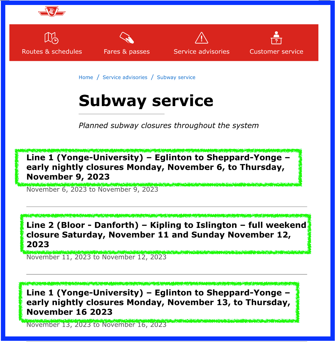 TTC 지하철 운행 안내 보기