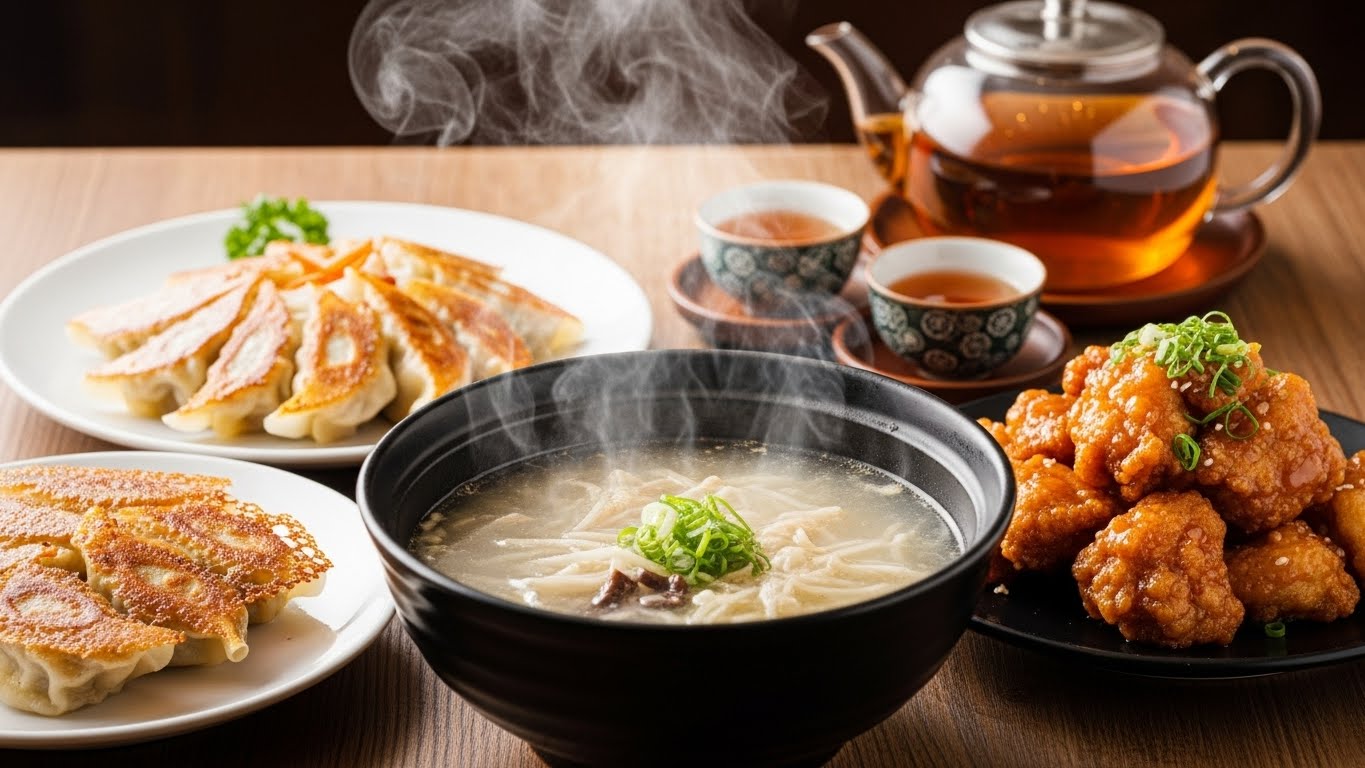 A vibrant and appetizing spread of Chinese food including dumplings, hot soup, fried chicken, and tea. Bright, warm lighting with steam rising from the soup, evoking a sense of deliciousness and freshness.