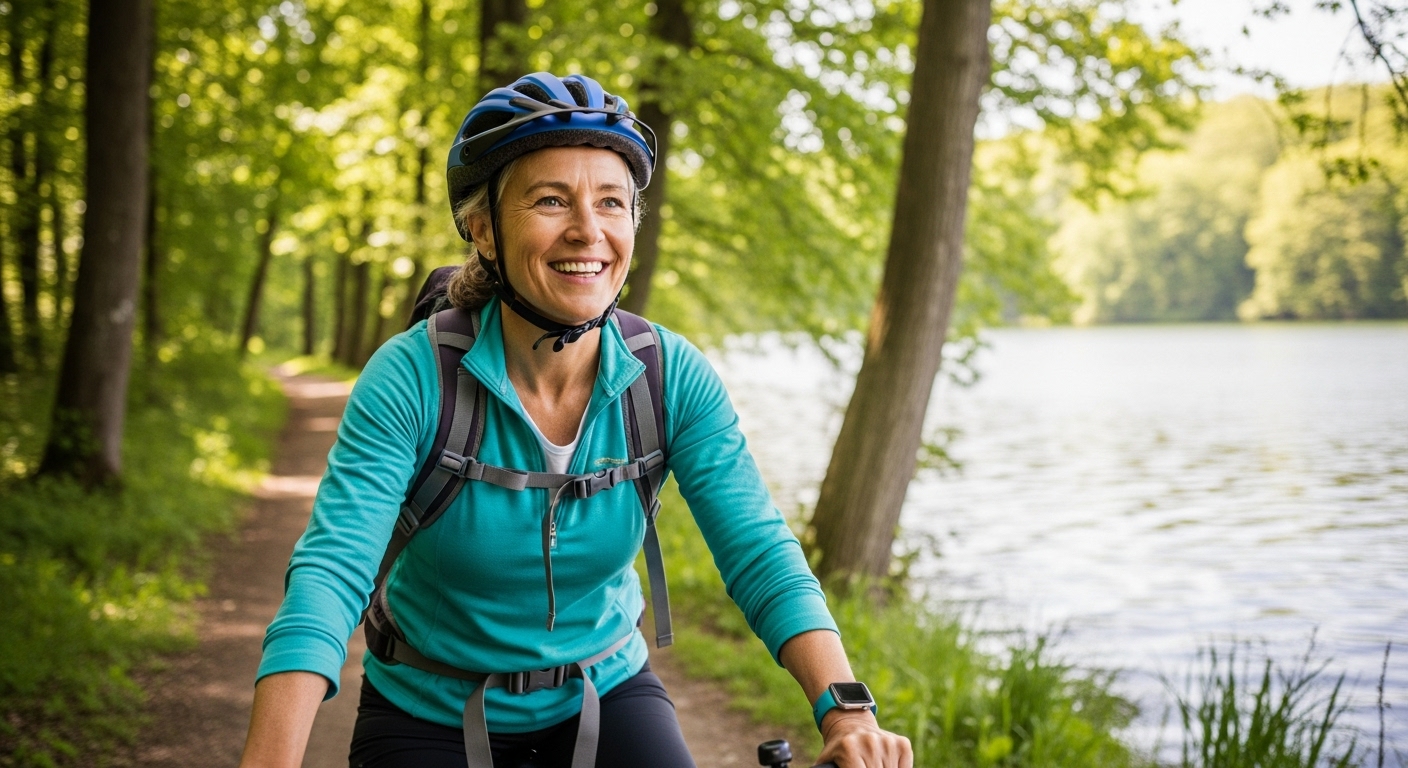 푸른 숲길을 하이킹하거나 호숫가를 자전거로 달리는 활기찬 중년의 모습. 자연 속에서 디지털 디톡스 후 되찾은 활력과 평온함을 보여주는 이미지.