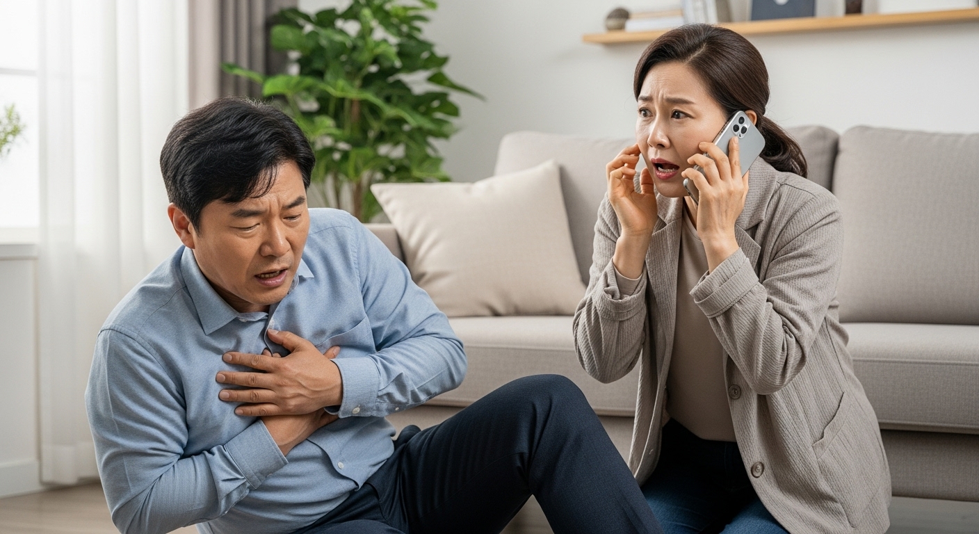심근경색 증상으로 쓰러진 남성과 응급 전화를 거는 한국 중년 여성