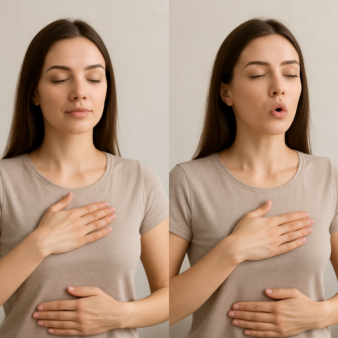 여성이 스트레스 완화에 도움이 되는 복식 호흡법을 실시하고 있는 모습