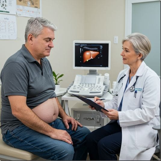 쏜리서치 SAT 효능 간 질환 개선, 복수찬 간염 환자와 의사 사진