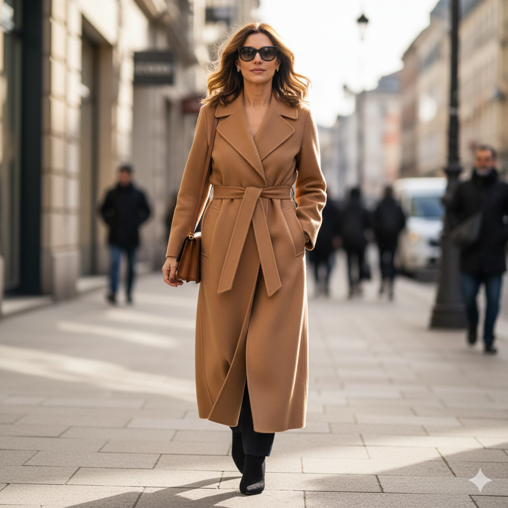 산양 털로 만든 부드럽고 가벼운 코트. 울보다 고급스러운 촉감과 보온성.