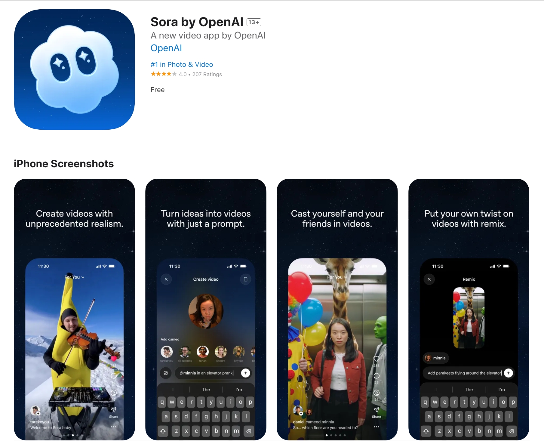 애플 앱스토어 Sora 앱 소개 페이지