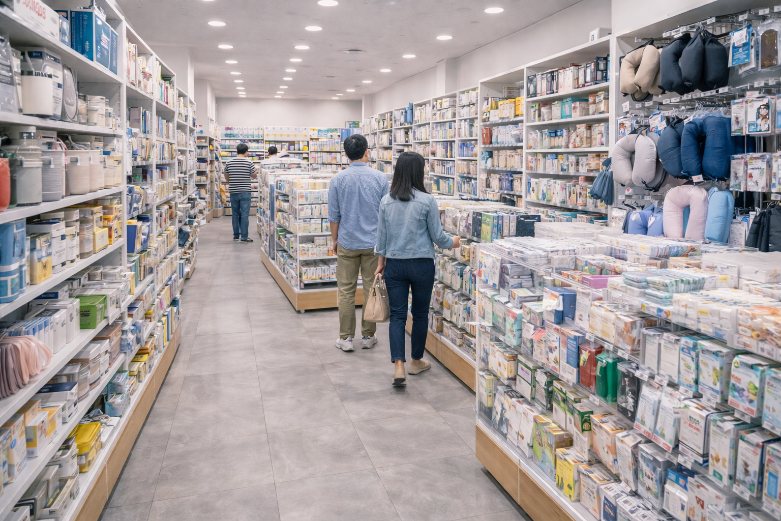 Aisle view of travel accessories and household goods in a Daiso-style store in Korea