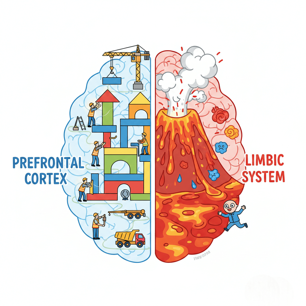 아이의 감정 조절 뇌 발달 과정을 설명하는 교육용 일러스트