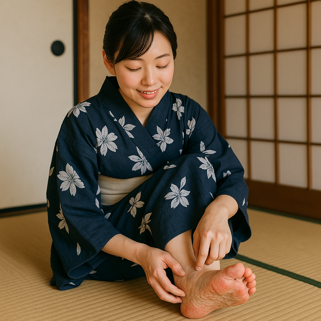 유카타 입은 여성이 발을 만지고 있는 사진