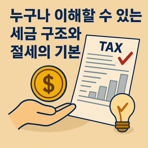 세금 구조와 절세의 기본을 누구나 쉽게 이해할 수 있도록 설명한 썸네일 이미지로, TAX 문서, 금화 아이콘, 손바닥, 그리고 전구 모양의 아이디어 아이콘이 포함된 절세 안내 일러스트