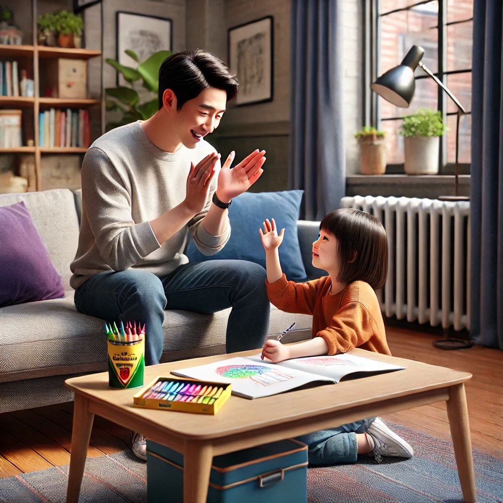 부모와 자녀가 거실에서 그림을 그리고 있으며, 부모가 아이의 작품을 칭찬하는 장면. 테이블 위에는 색연필과 스케치북이 놓여 있음