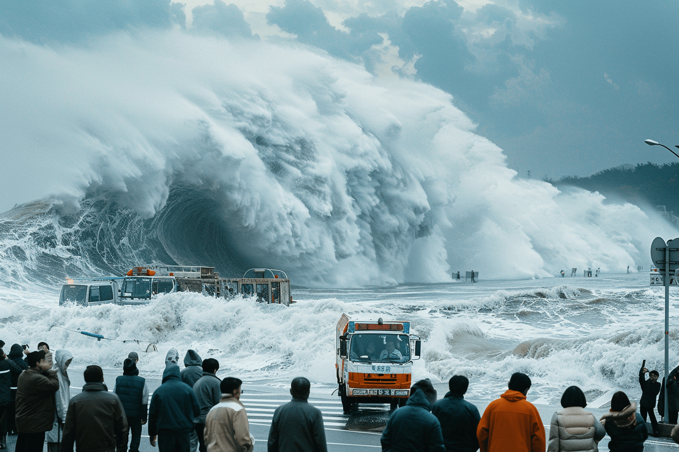 바다에서-몰려오는-해일을-지켜보는-사람들