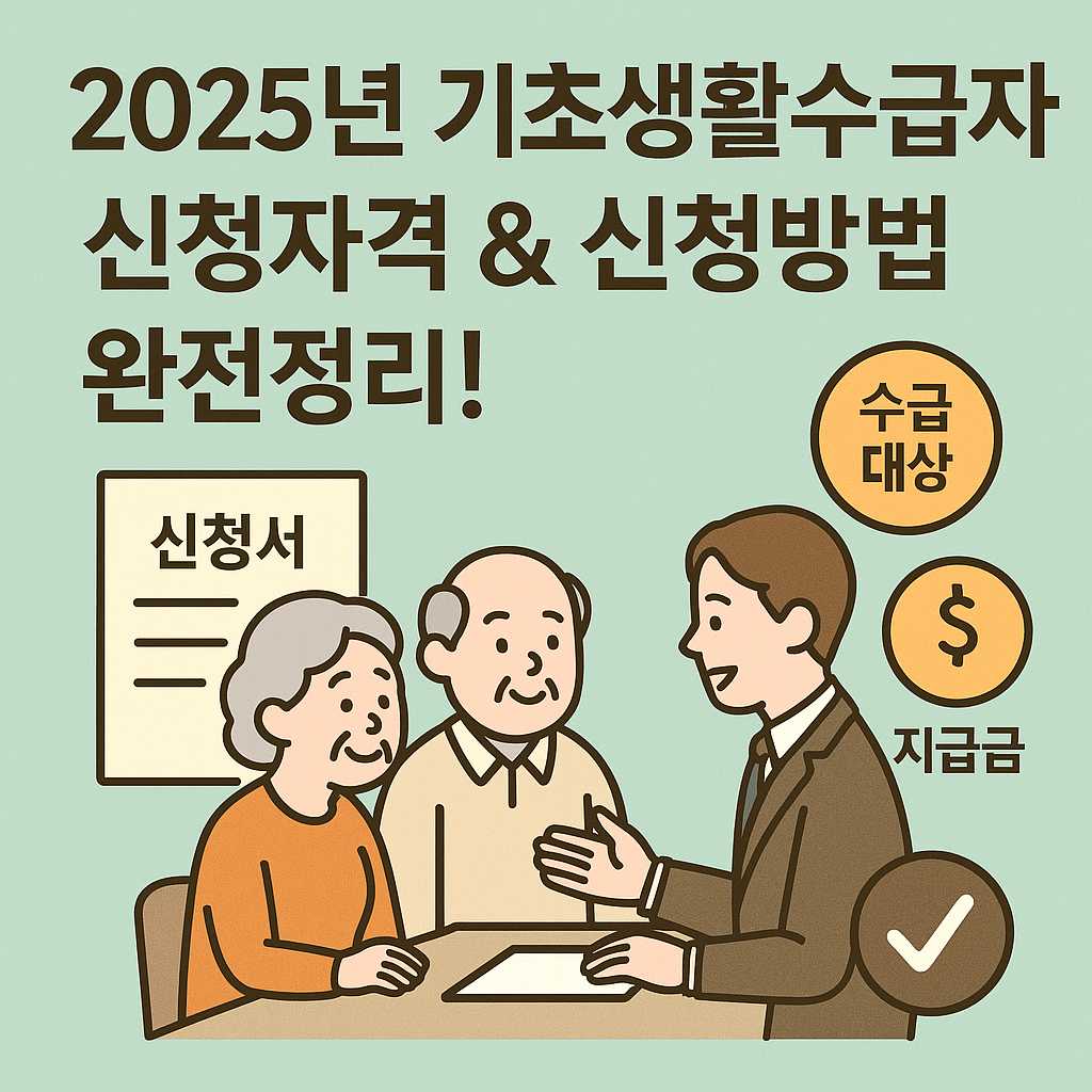 2025년 기초생활수급자 신청자격과 신청방법 완전정리&rdquo;라는 제목과 함께 상담 중인 노부부와 공무원의 일러스트. 신청서와 &lsquo;수급대상&rsquo;, &lsquo;지급금&rsquo; 아이콘 포함