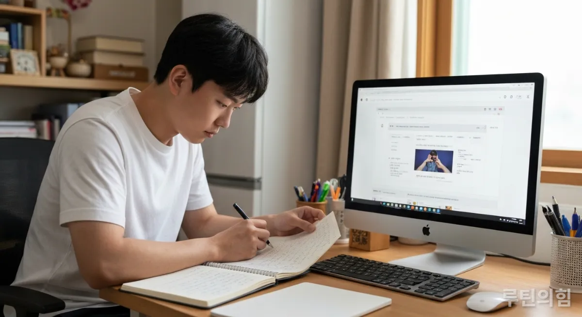 집에서 온라인 포트폴리오를 구축하는 한국인 취업 준비생