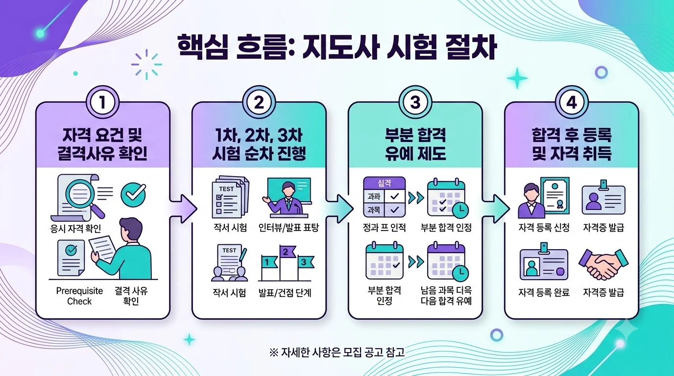 지도사 시험 핵심 흐름 4단계를 보여주는 프로세스 인포그래픽