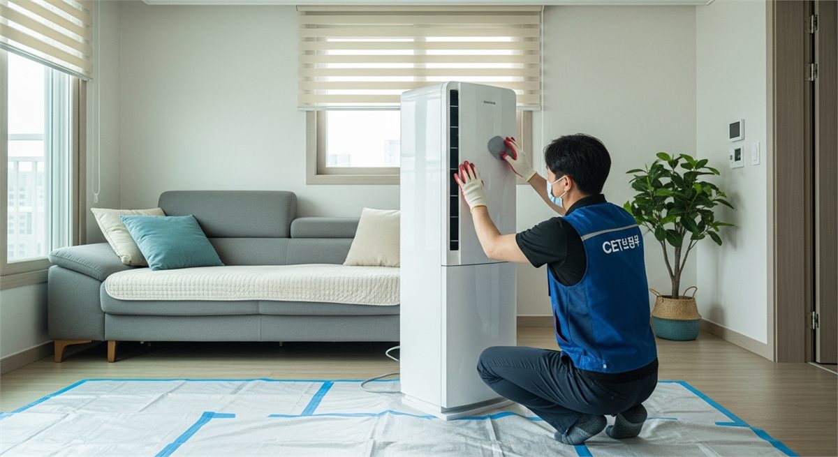 스탠드 에어컨을 분해 청소하는 현장 모습 