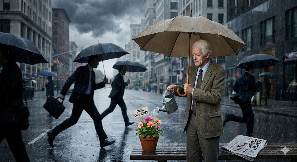 폭락하는 주식 차트(비) 속에서 피터 린치가 우산을 쓰고 튼튼한 꽃(우량주)에 물을 주는 일러스트