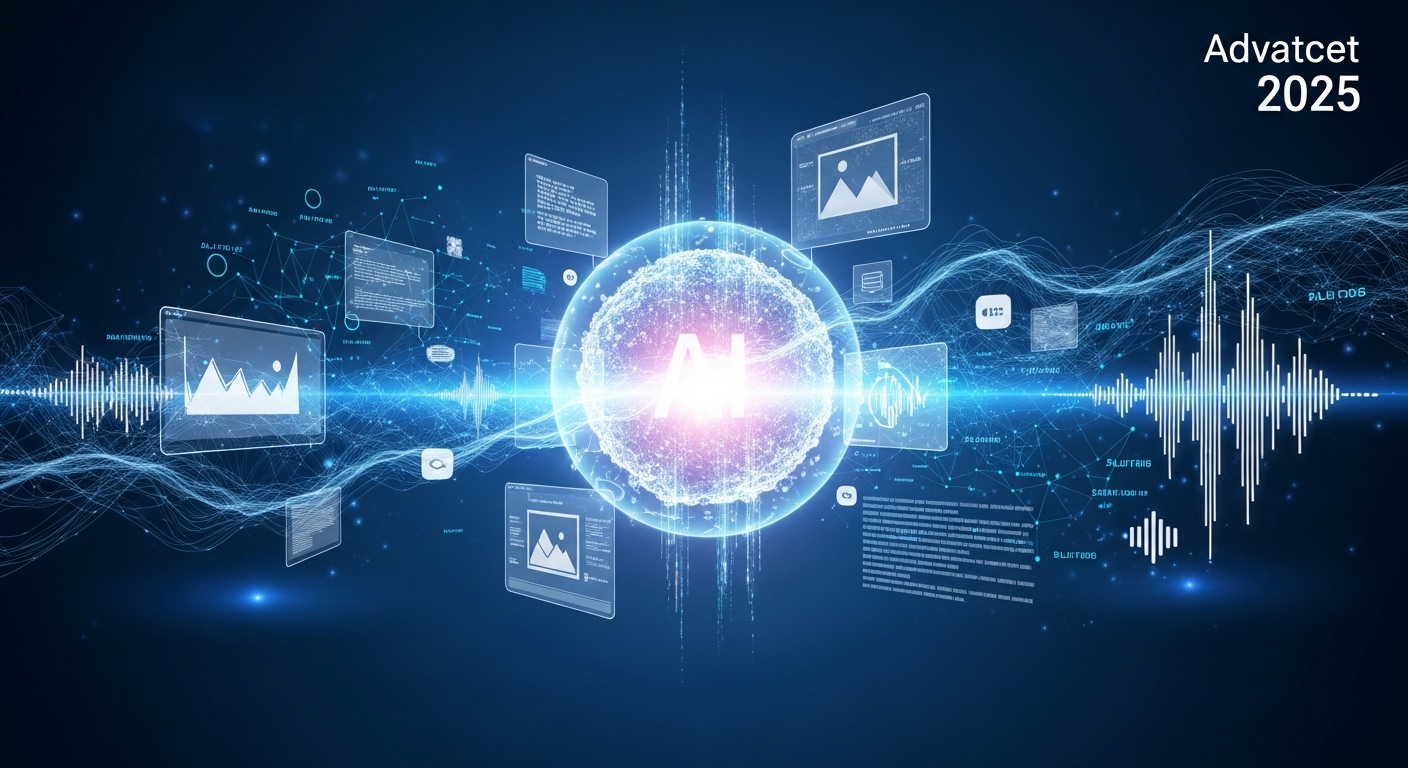 2025년 미래 AI 기술의 발전 방향을 상징하는 추상적인 이미지. 데이터와 홀로그램 인터페이스가 펼쳐지는 가운데, 텍스트, 코드, 이미지 등 다양한 정보가 융합되는 모습을 보여줍니다.