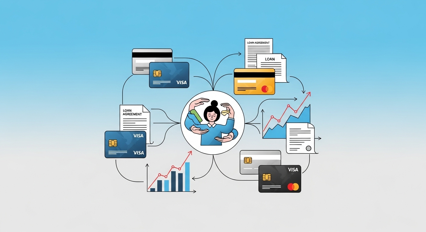 신용카드, 대출 서류, 상승하는 그래프 등 다양한 금융 요소들이 연결된 모습을 평온하게 관리하는 사람의 디지털 일러스트.