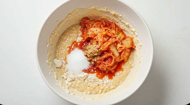 큰 볼에 부침가루와 물, 김치 등 재료들