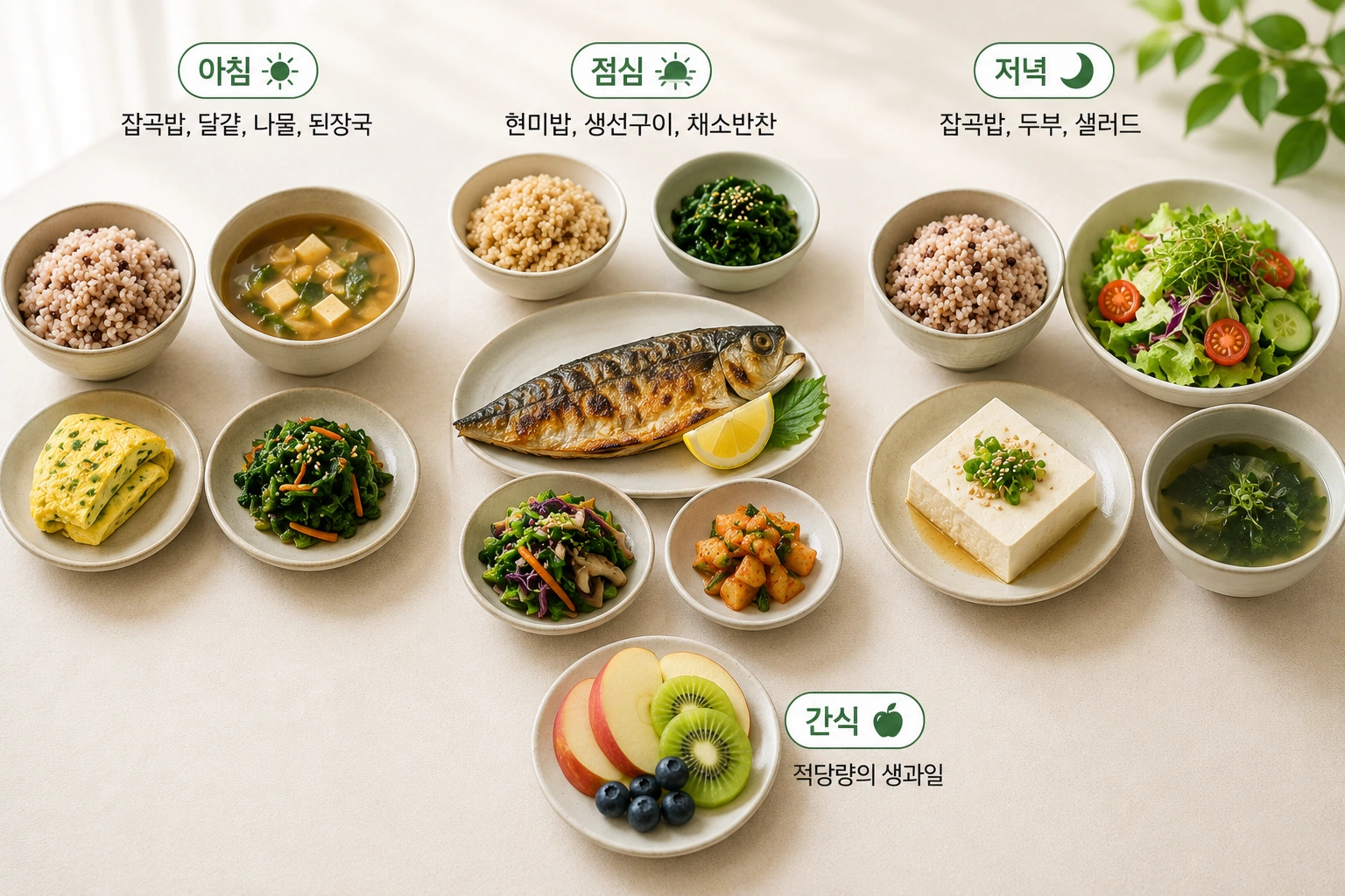 당뇨 식단 예시로 아침&amp;#44; 점심&amp;#44; 저녁과 적당량의 과일 간식을 균형 있게 구성한 하루 식단